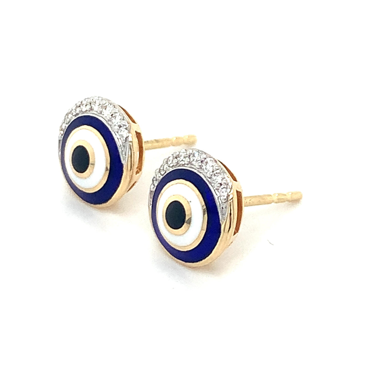 14K Gold Blue Black & White Enamel Roud Half Halo Diamond Evil Eye Stud Earrings
