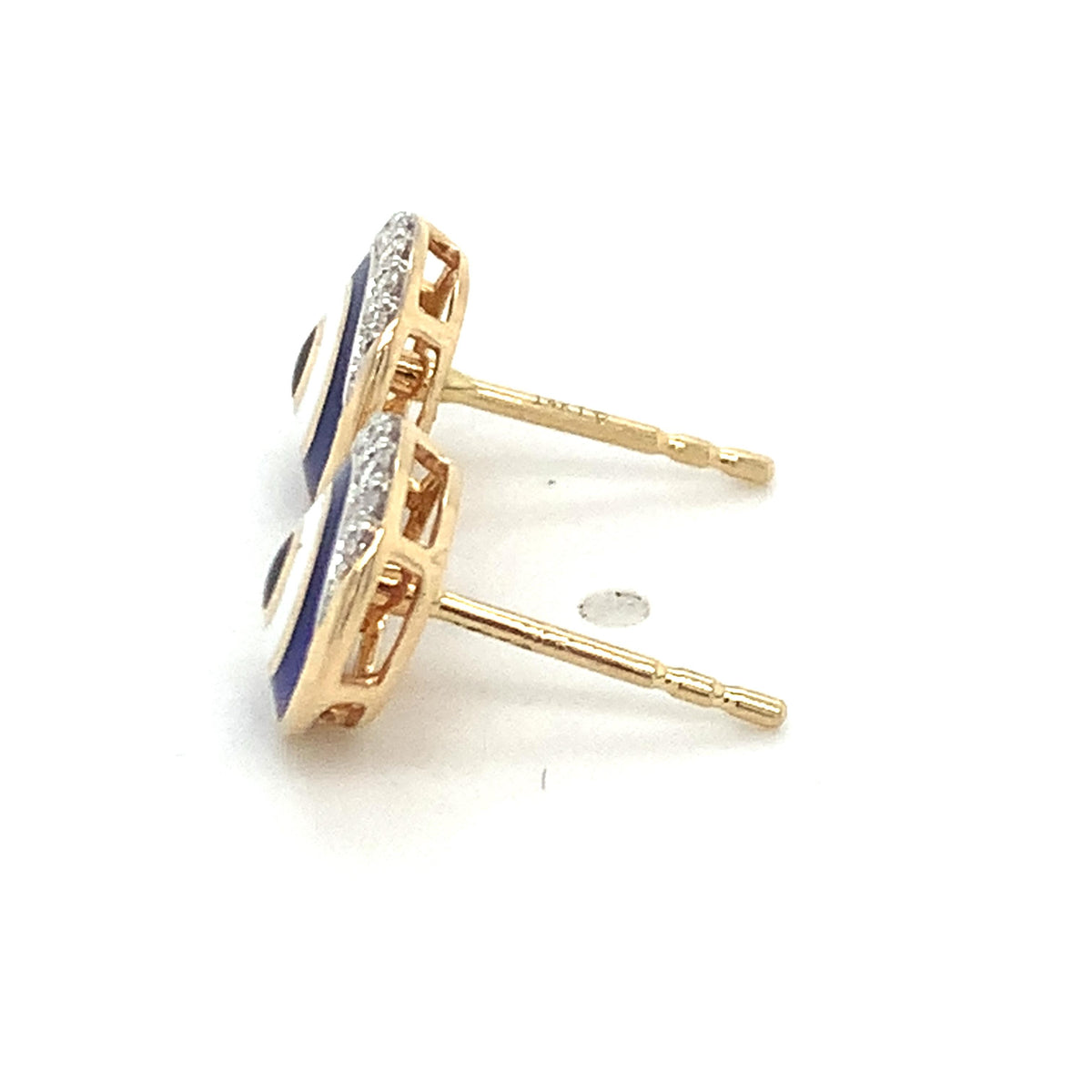 14K Gold Blue Black & White Enamel Roud Half Halo Diamond Evil Eye Stud Earrings