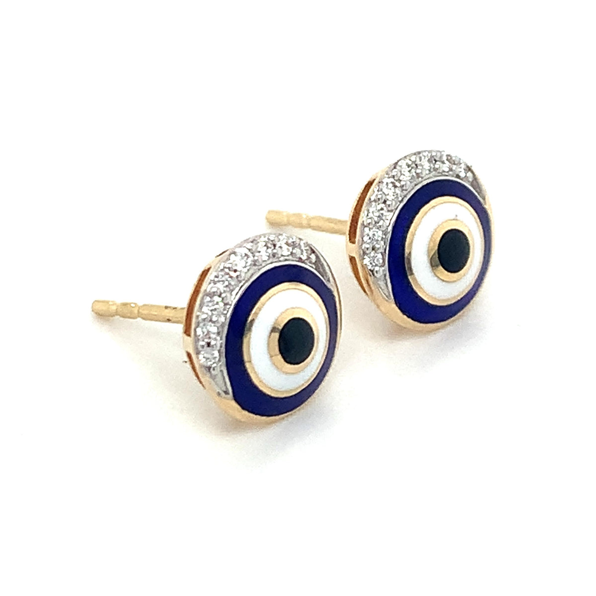 14K Gold Blue Black & White Enamel Roud Half Halo Diamond Evil Eye Stud Earrings