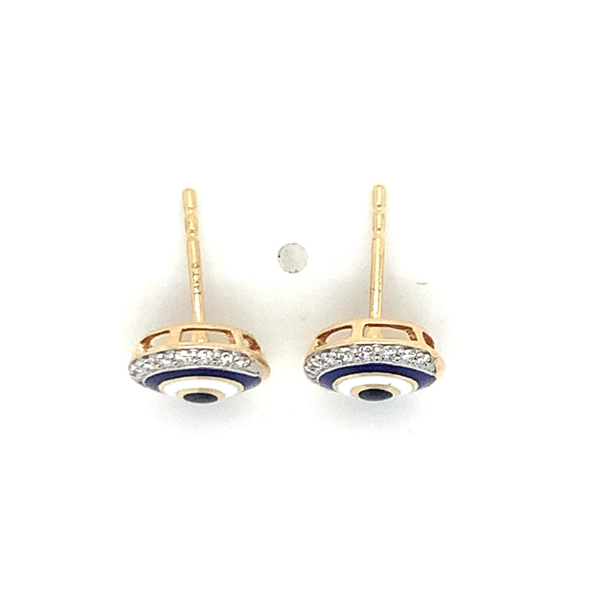 14K Gold Blue Black & White Enamel Roud Half Halo Diamond Evil Eye Stud Earrings