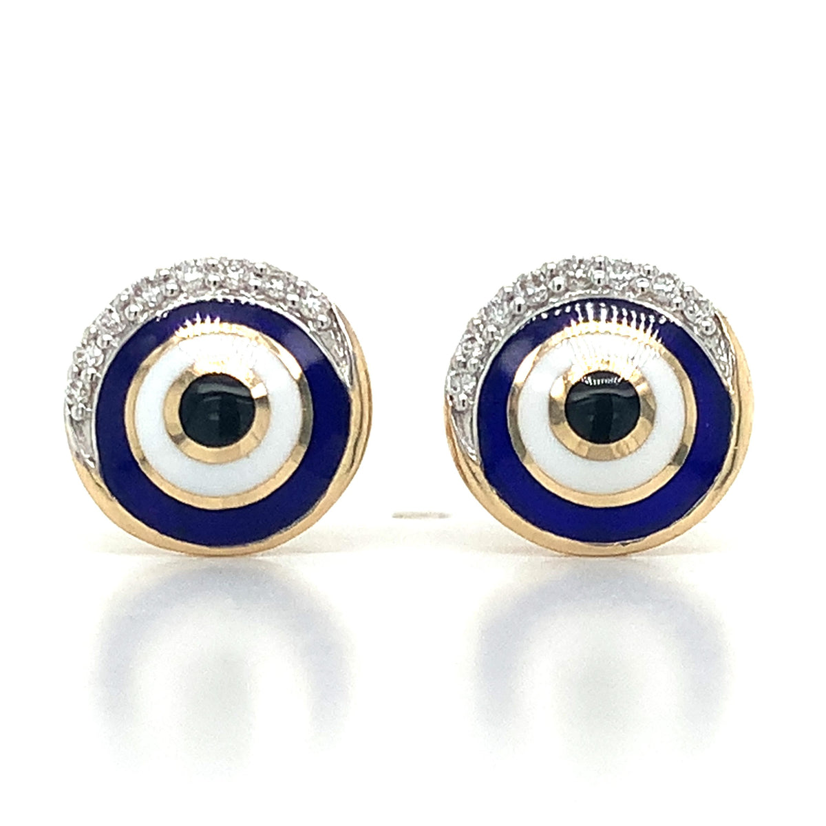 14K Gold Blue Black & White Enamel Roud Half Halo Diamond Evil Eye Stud Earrings