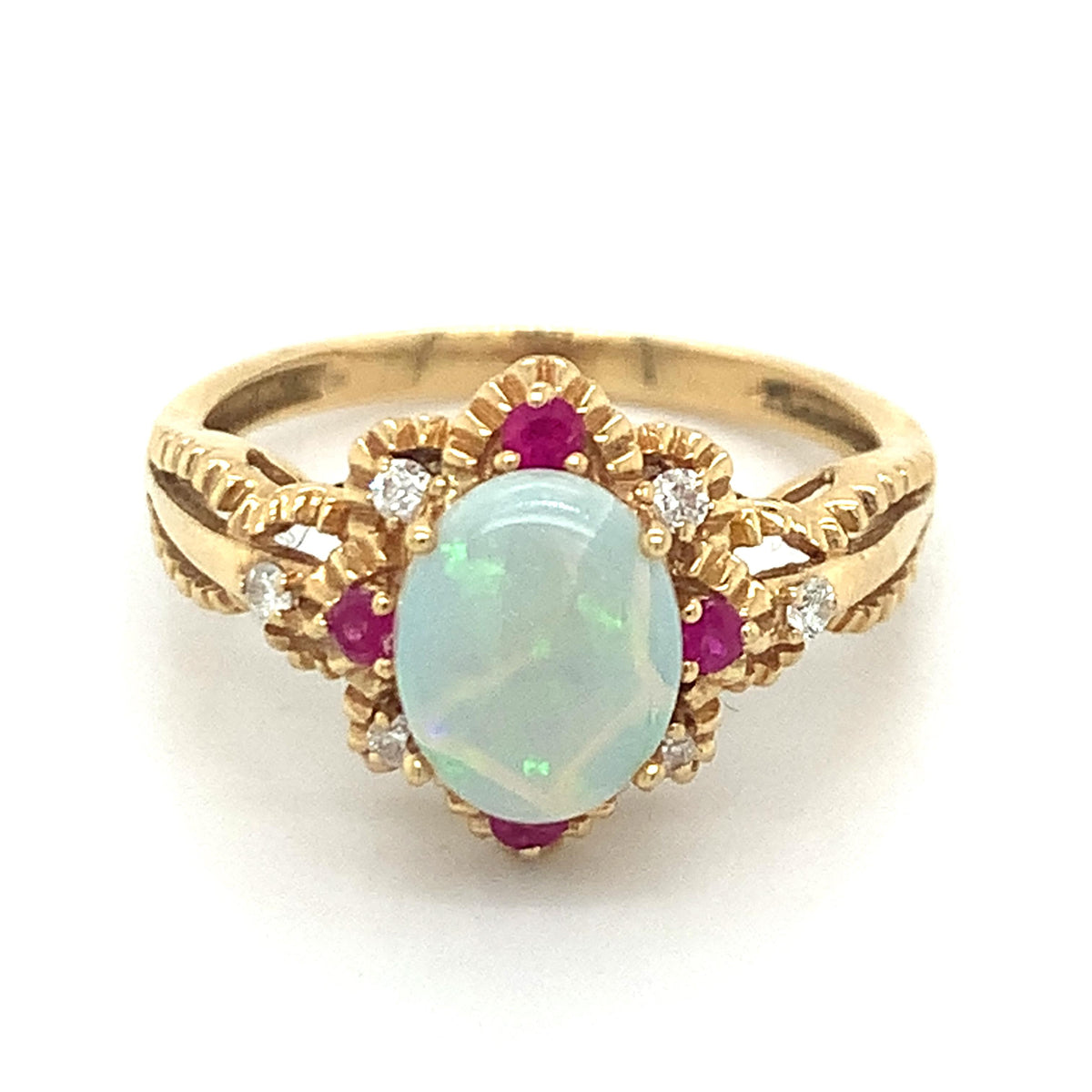 Vintage 14k Gold Oval Opal Old Mine Diamond And Ruby Carved Edge Ring