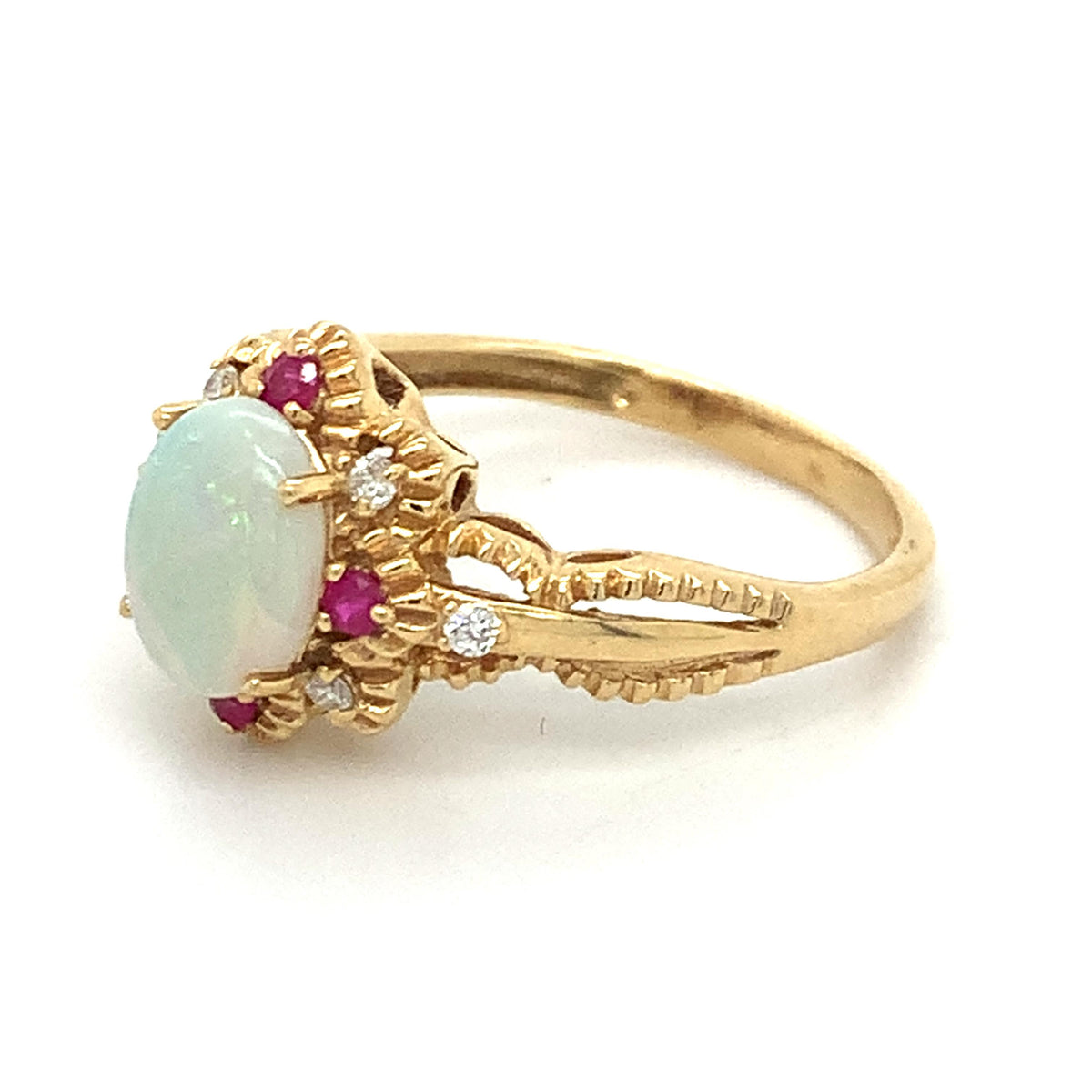 Vintage 14k Gold Oval Opal Old Mine Diamond And Ruby Carved Edge Ring