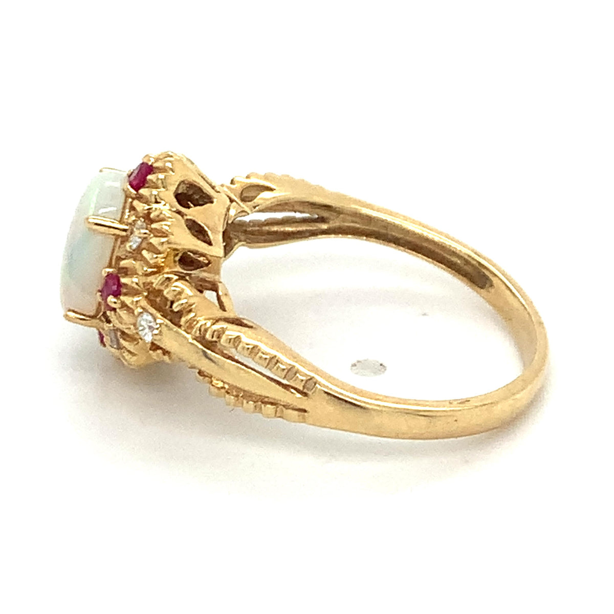 Vintage 14k Gold Oval Opal Old Mine Diamond And Ruby Carved Edge Ring