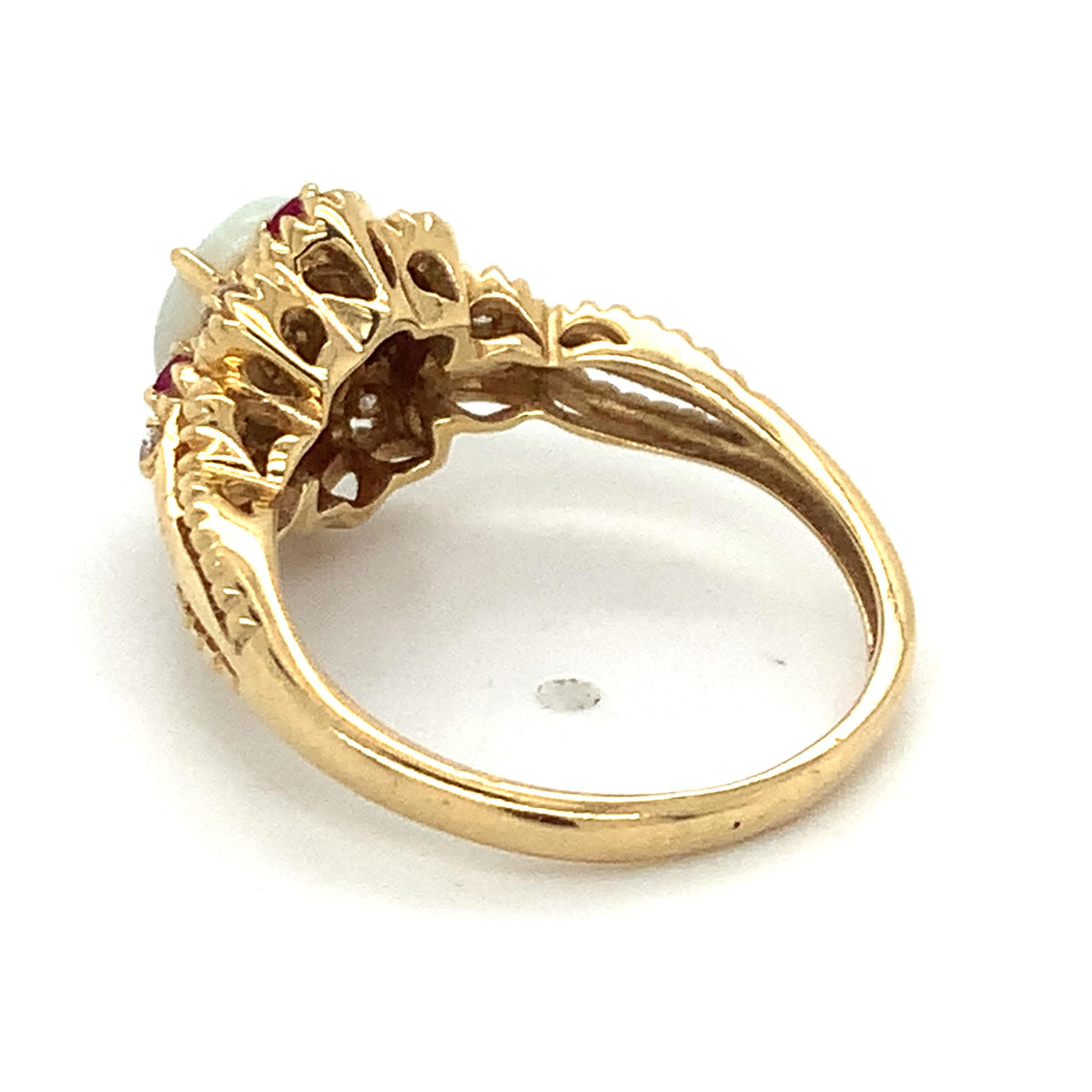 Vintage 14k Gold Oval Opal Old Mine Diamond And Ruby Carved Edge Ring