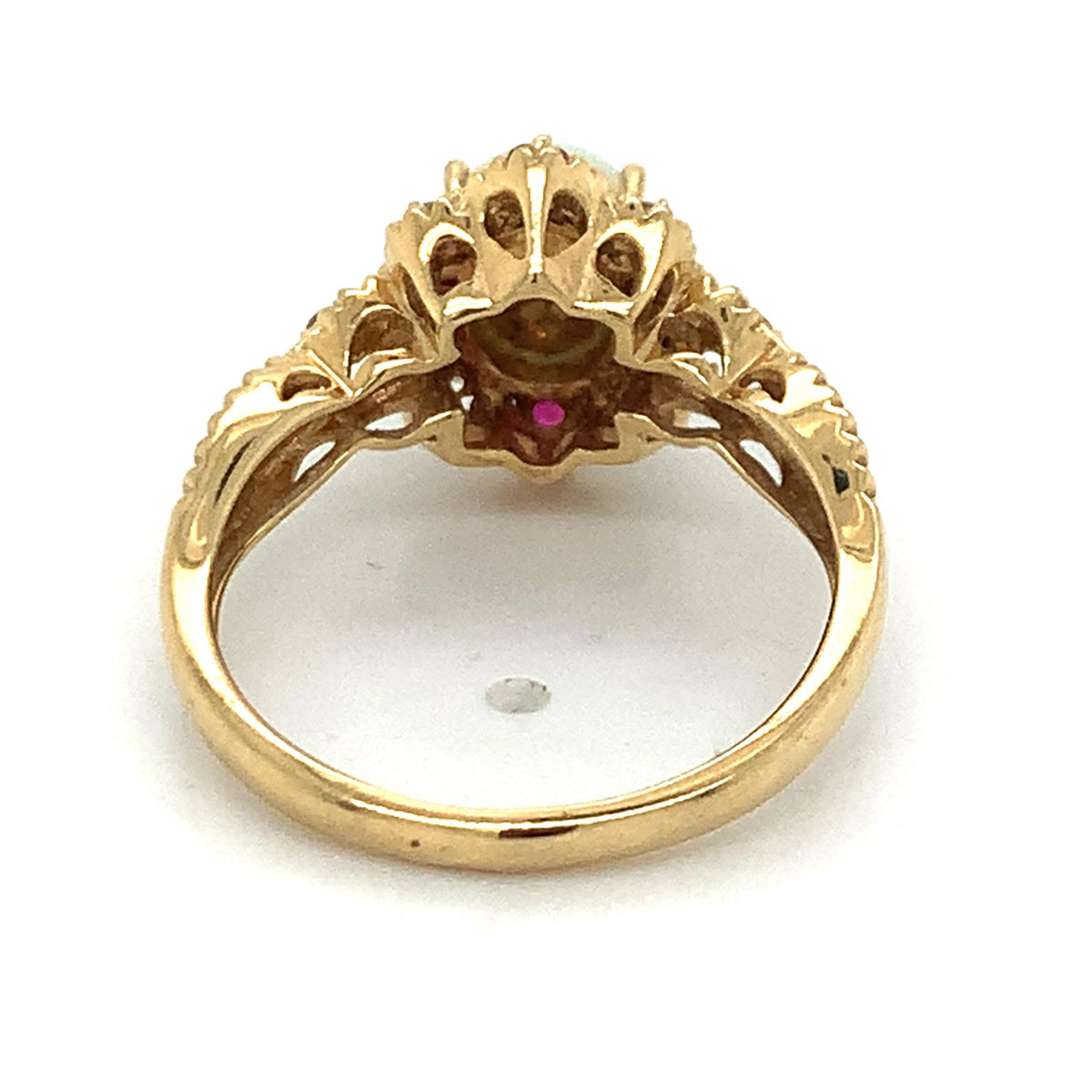 Vintage 14k Gold Oval Opal Old Mine Diamond And Ruby Carved Edge Ring