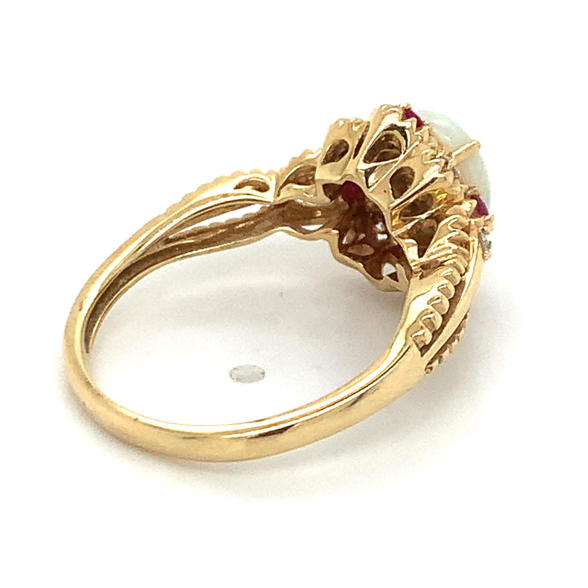 Vintage 14k Gold Oval Opal Old Mine Diamond And Ruby Carved Edge Ring