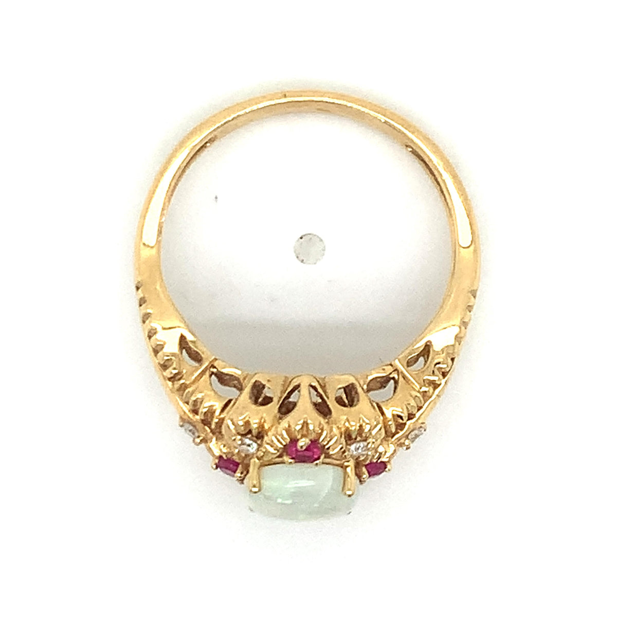Vintage 14k Gold Oval Opal Old Mine Diamond And Ruby Carved Edge Ring
