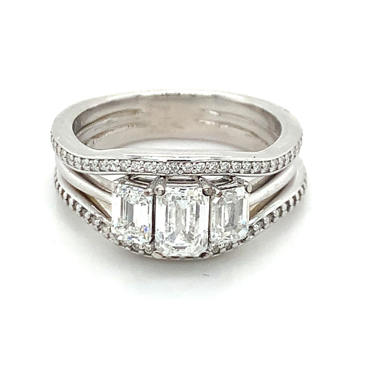 14K Gold 3-Stone Emerald Cut Center & Micro Pave Diamond Halfway Soldered Rings