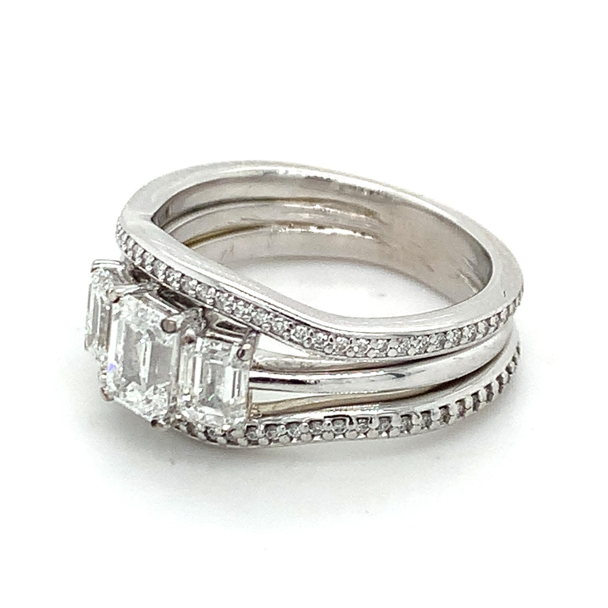 14K Gold 3-Stone Emerald Cut Center & Micro Pave Diamond Halfway Soldered Rings