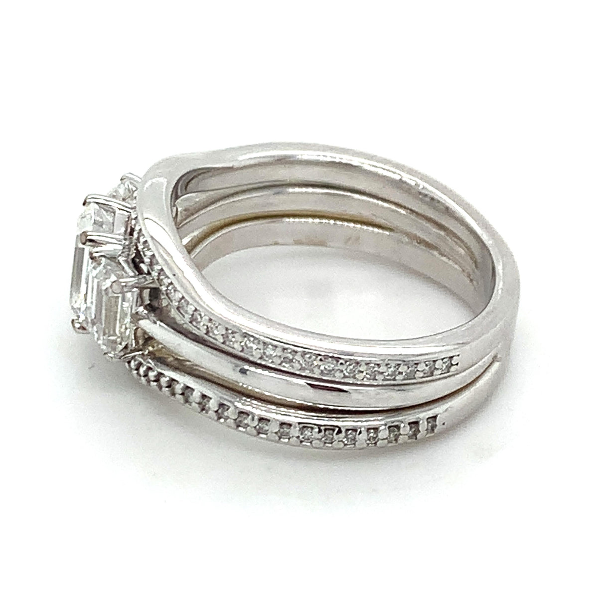 14K Gold 3-Stone Emerald Cut Center & Micro Pave Diamond Halfway Soldered Rings
