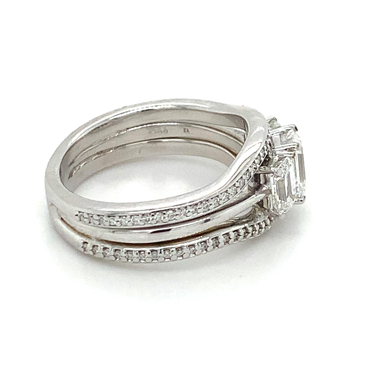 14K Gold 3-Stone Emerald Cut Center & Micro Pave Diamond Halfway Soldered Rings