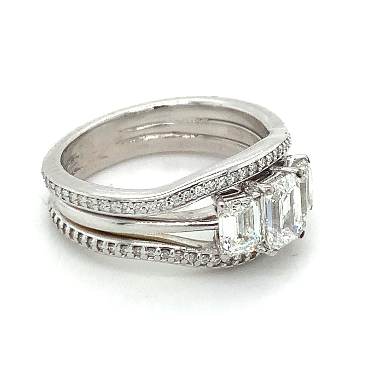 14K Gold 3-Stone Emerald Cut Center & Micro Pave Diamond Halfway Soldered Rings