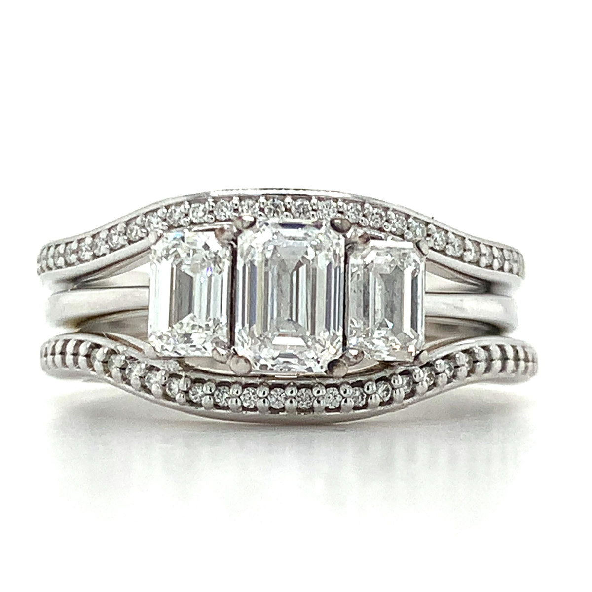 14K Gold 3-Stone Emerald Cut Center & Micro Pave Diamond Halfway Soldered Rings