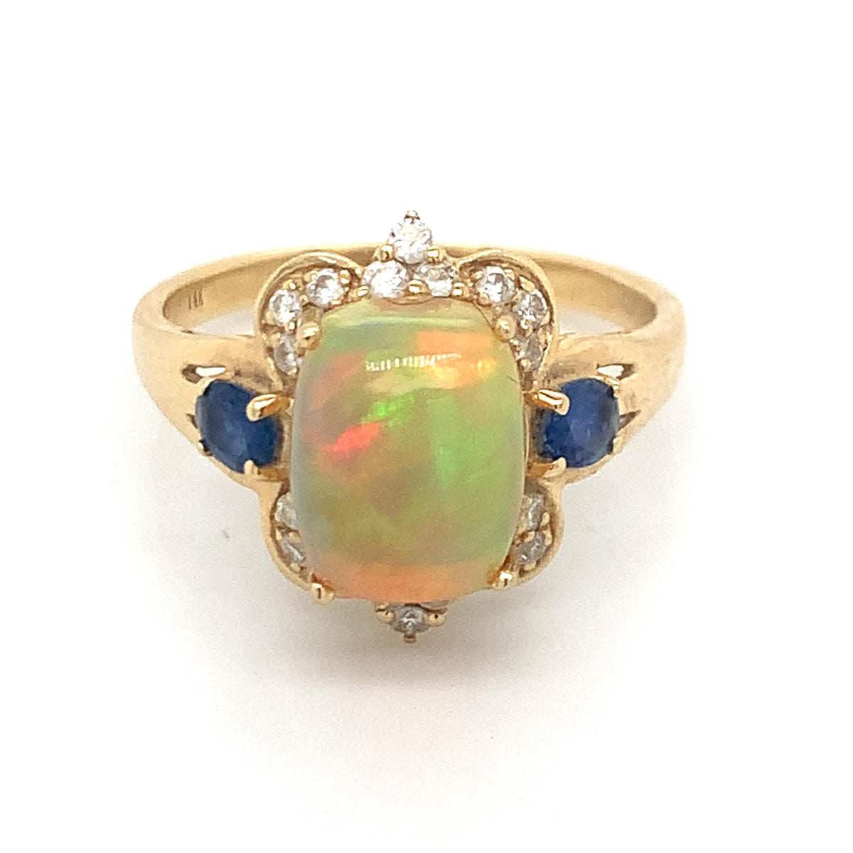 Vintage 14k Gold Jelly Opal With Rose Diamond And Sapphire Ornate Halo Ring
