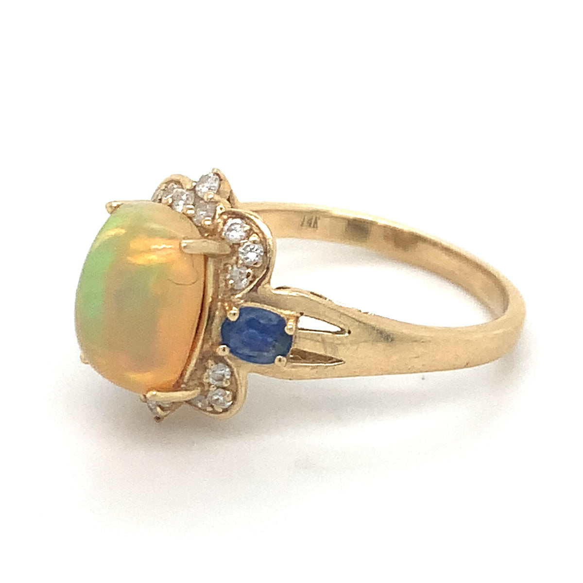 Vintage 14k Gold Jelly Opal With Rose Diamond And Sapphire Ornate Halo Ring