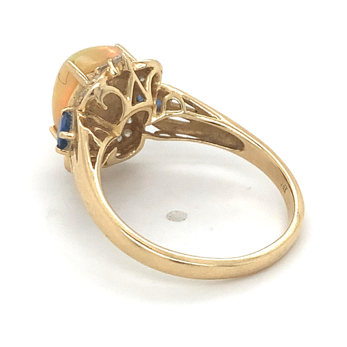 Vintage 14k Gold Jelly Opal With Rose Diamond And Sapphire Ornate Halo Ring
