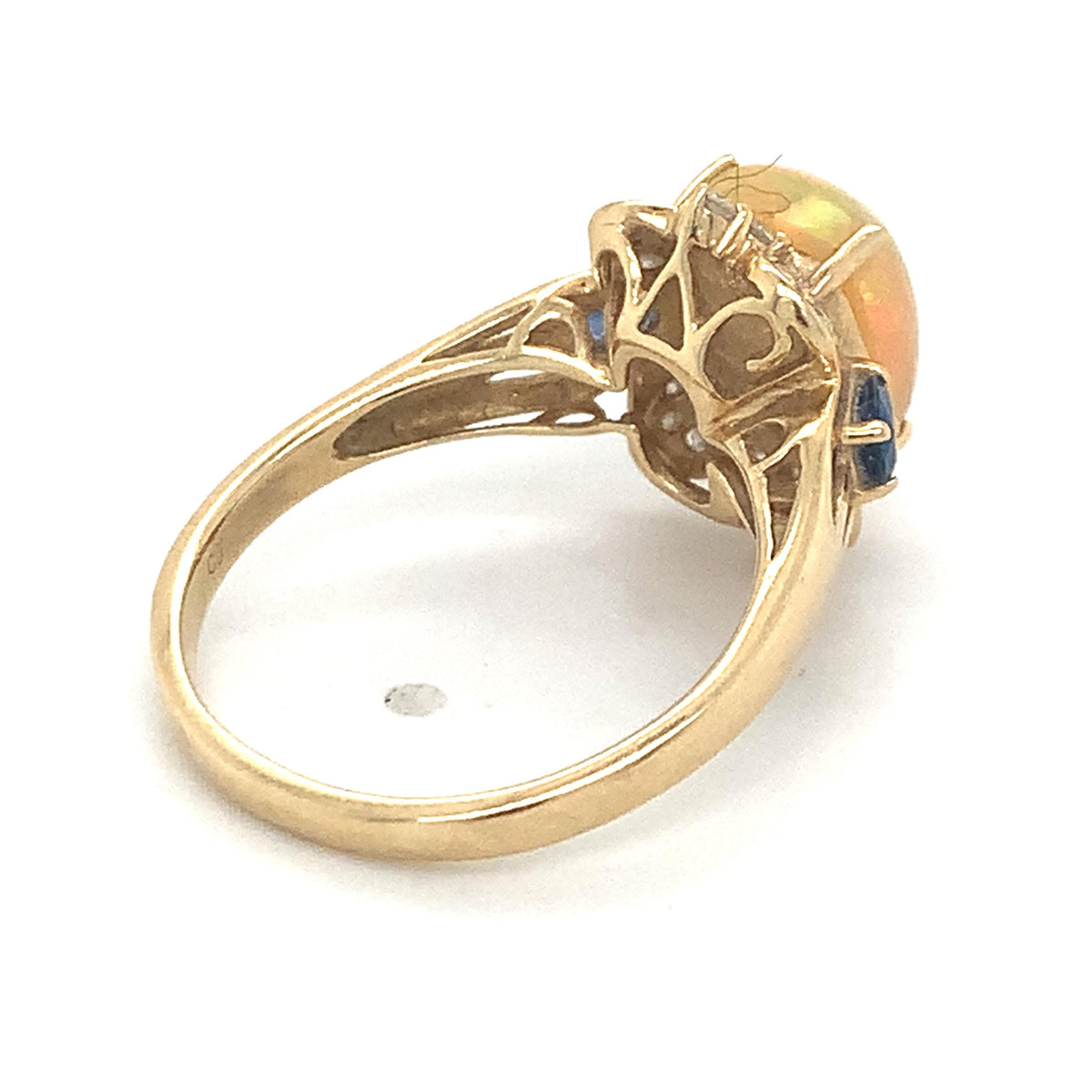 Vintage 14k Gold Jelly Opal With Rose Diamond And Sapphire Ornate Halo Ring