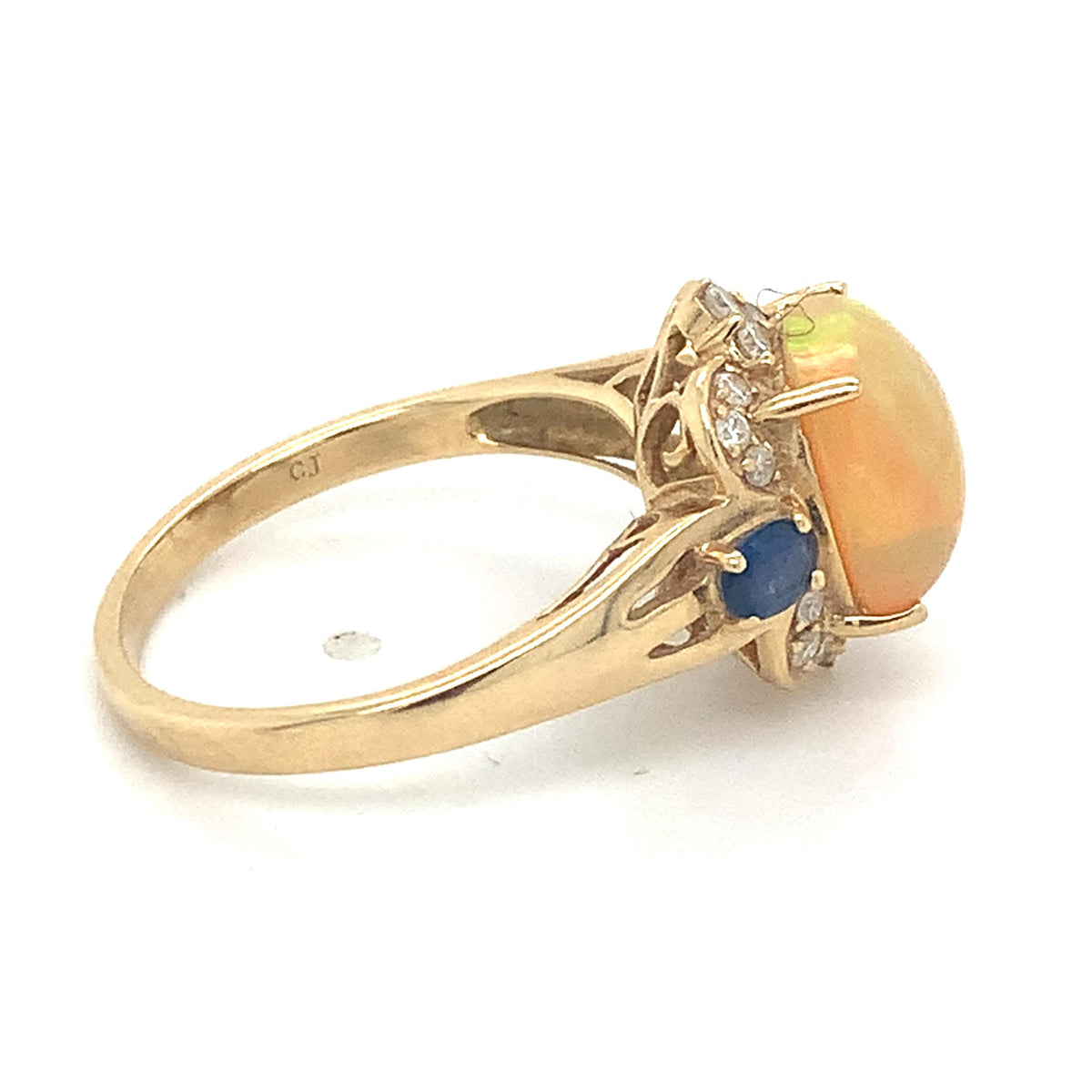 Vintage 14k Gold Jelly Opal With Rose Diamond And Sapphire Ornate Halo Ring