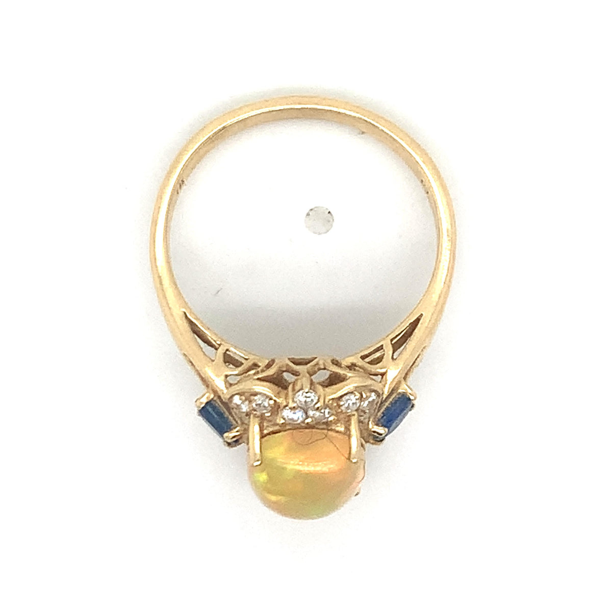 Vintage 14k Gold Jelly Opal With Rose Diamond And Sapphire Ornate Halo Ring