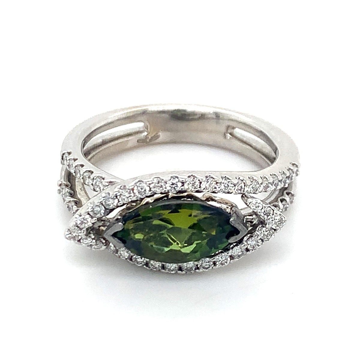 18K Gold 1.7ct Marquise Green Tourmaline &.32ctw Diamond Halo Split Shanks Ring