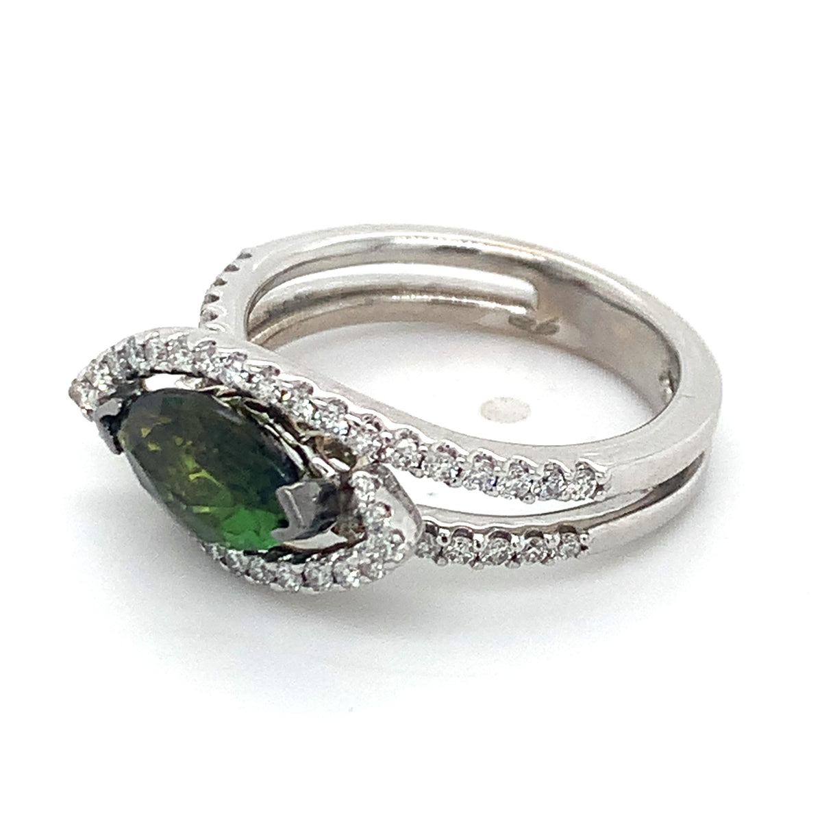 18K Gold 1.7ct Marquise Green Tourmaline &.32ctw Diamond Halo Split Shanks Ring