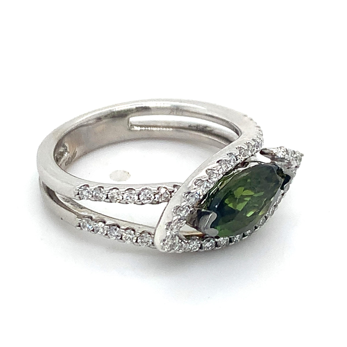 18K Gold 1.7ct Marquise Green Tourmaline &.32ctw Diamond Halo Split Shanks Ring