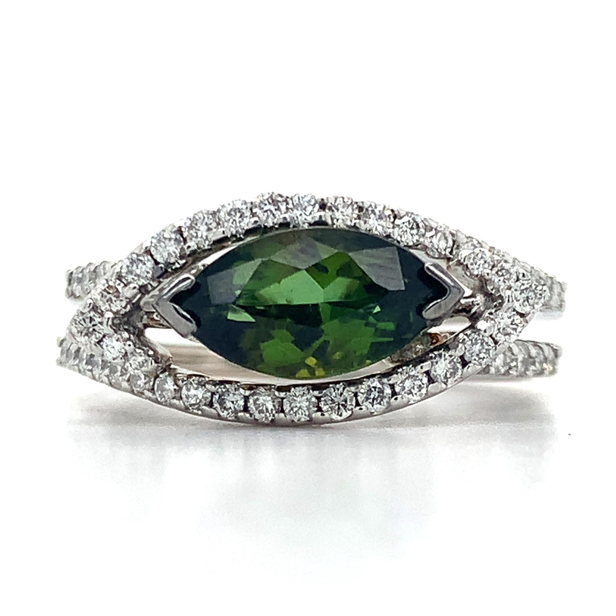 18K Gold 1.7ct Marquise Green Tourmaline &.32ctw Diamond Halo Split Shanks Ring
