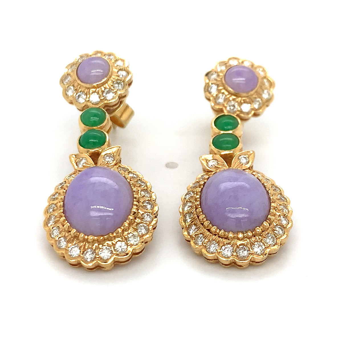Vintage 14K Gold Purple & Green Jade W/ Diamond Flower Halo Double Drop Earrings