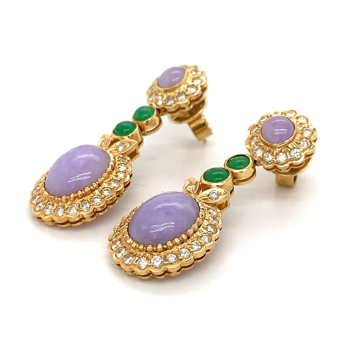 Vintage 14K Gold Purple & Green Jade W/ Diamond Flower Halo Double Drop Earrings