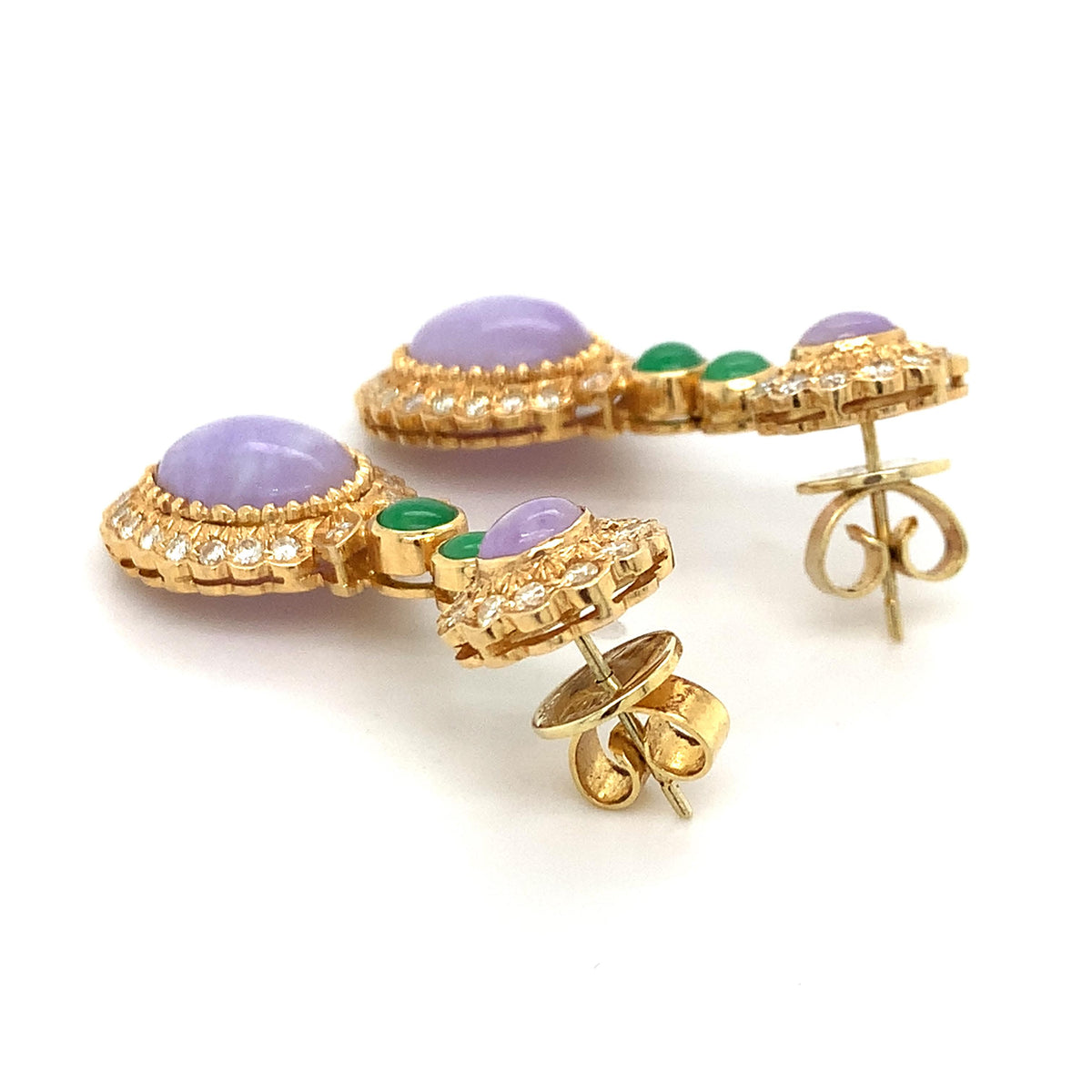 Vintage 14K Gold Purple & Green Jade W/ Diamond Flower Halo Double Drop Earrings