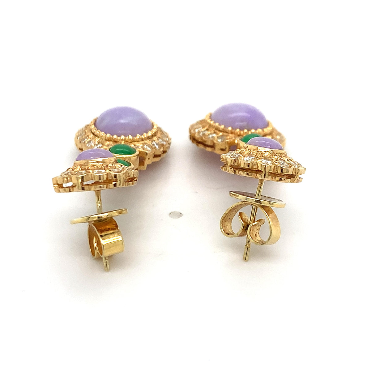 Vintage 14K Gold Purple & Green Jade W/ Diamond Flower Halo Double Drop Earrings