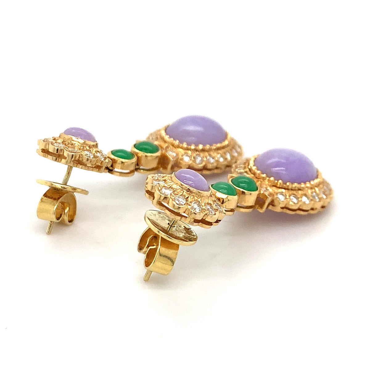 Vintage 14K Gold Purple & Green Jade W/ Diamond Flower Halo Double Drop Earrings