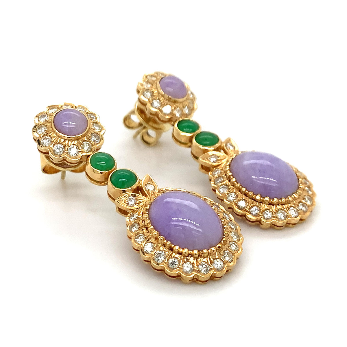 Vintage 14K Gold Purple & Green Jade W/ Diamond Flower Halo Double Drop Earrings