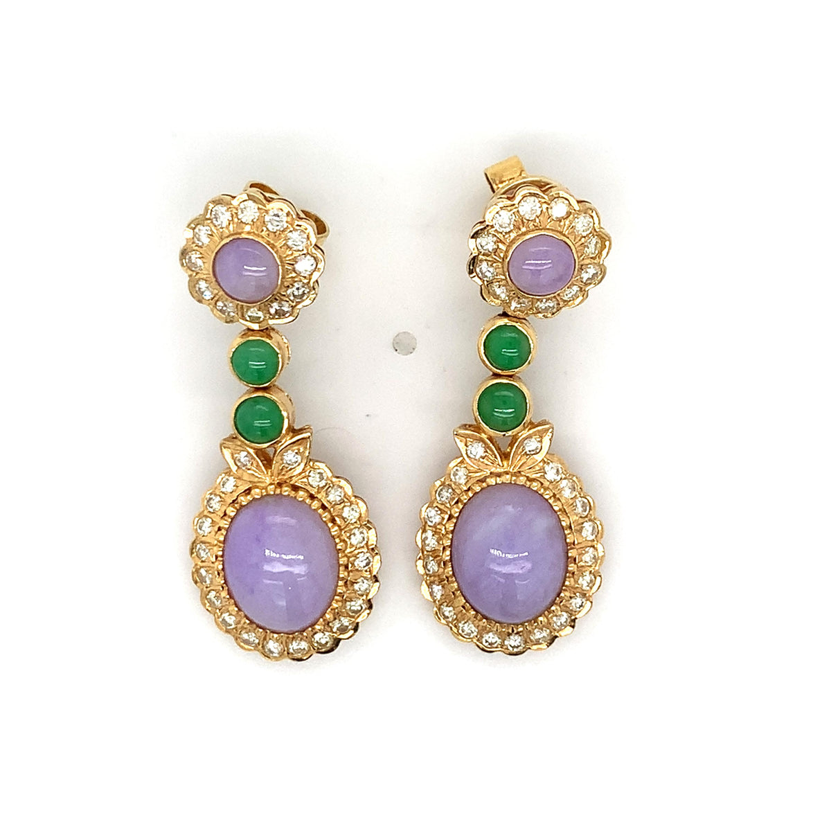 Vintage 14K Gold Purple & Green Jade W/ Diamond Flower Halo Double Drop Earrings