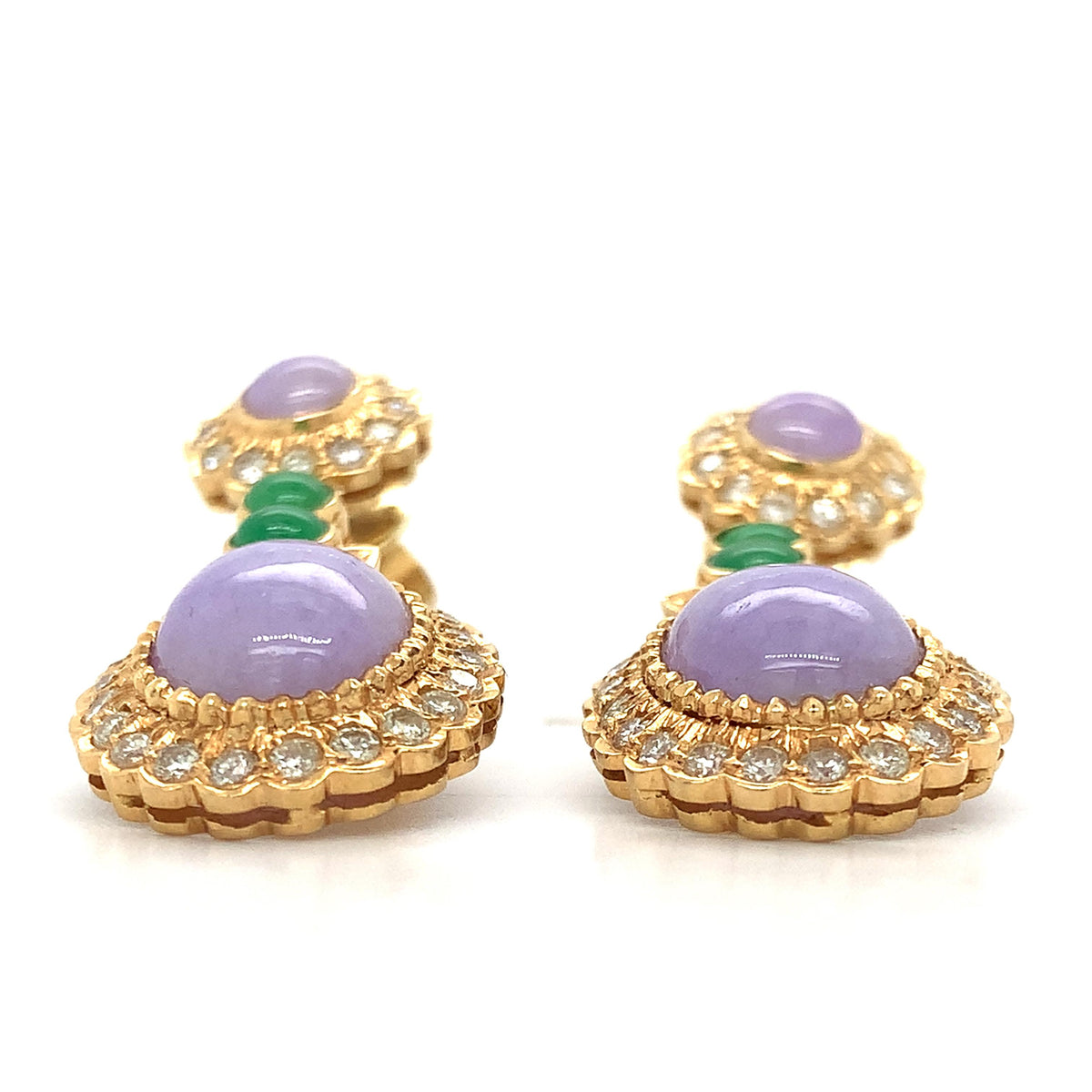 Vintage 14K Gold Purple & Green Jade W/ Diamond Flower Halo Double Drop Earrings