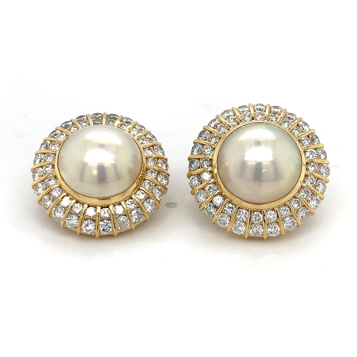 18K Gold Mabe Cabochon Pearl &3.96ct Round Brilliant Double Diamond Halo Earring