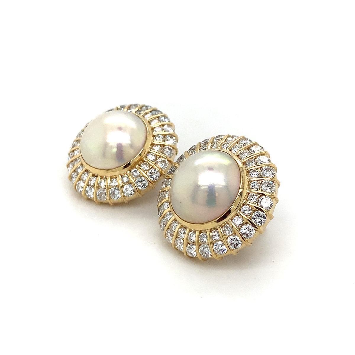 18K Gold Mabe Cabochon Pearl &3.96ct Round Brilliant Double Diamond Halo Earring