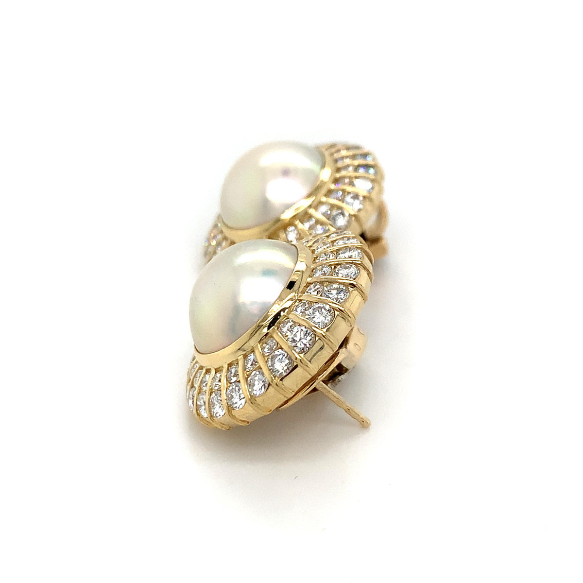 18K Gold Mabe Cabochon Pearl &3.96ct Round Brilliant Double Diamond Halo Earring