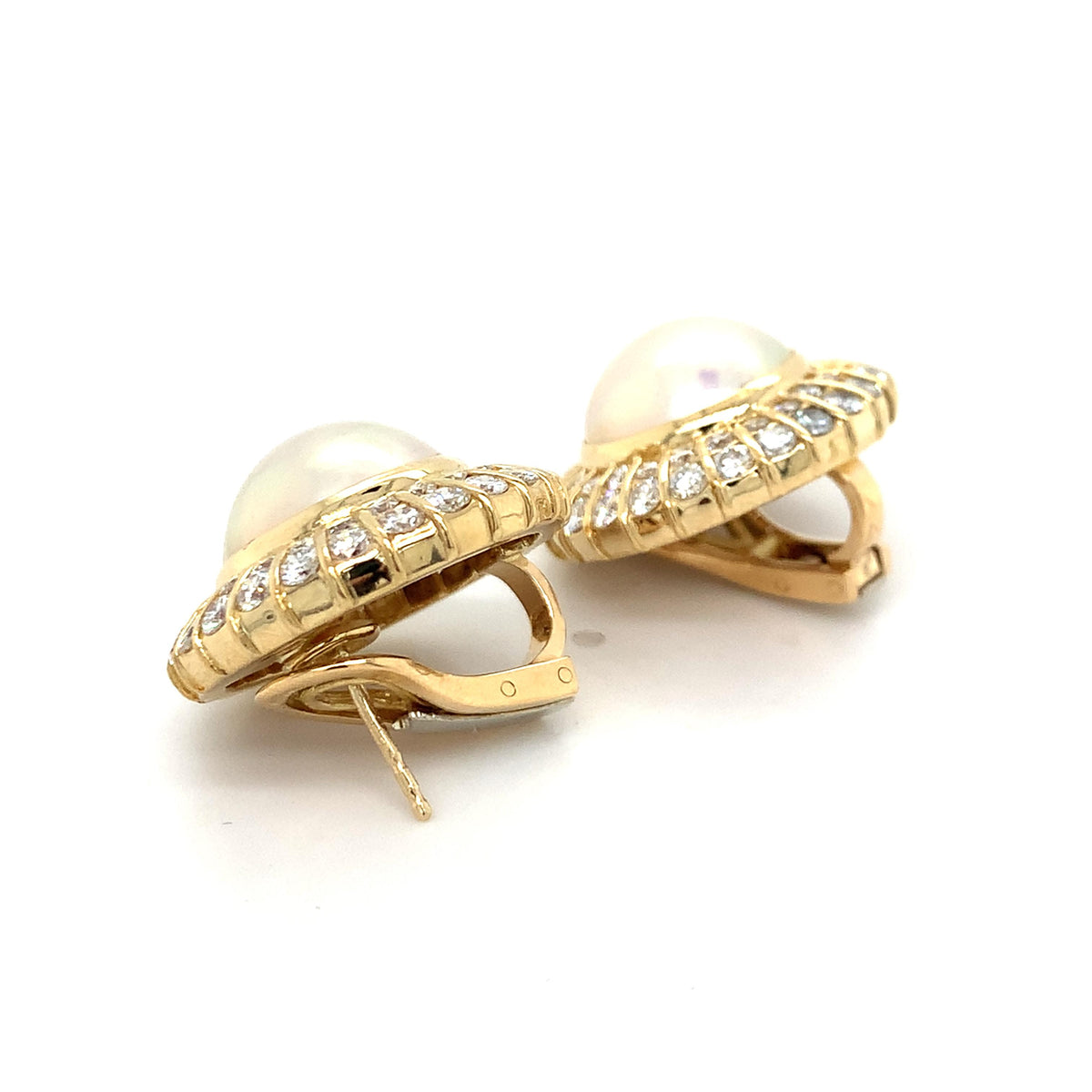 18K Gold Mabe Cabochon Pearl &3.96ct Round Brilliant Double Diamond Halo Earring