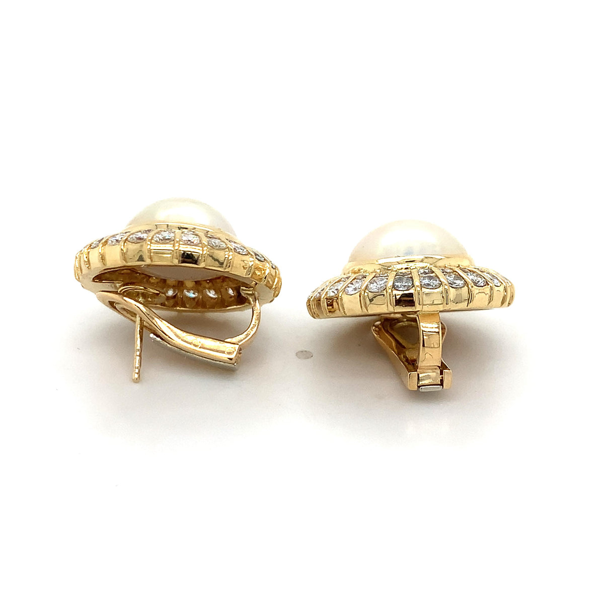 18K Gold Mabe Cabochon Pearl &3.96ct Round Brilliant Double Diamond Halo Earring
