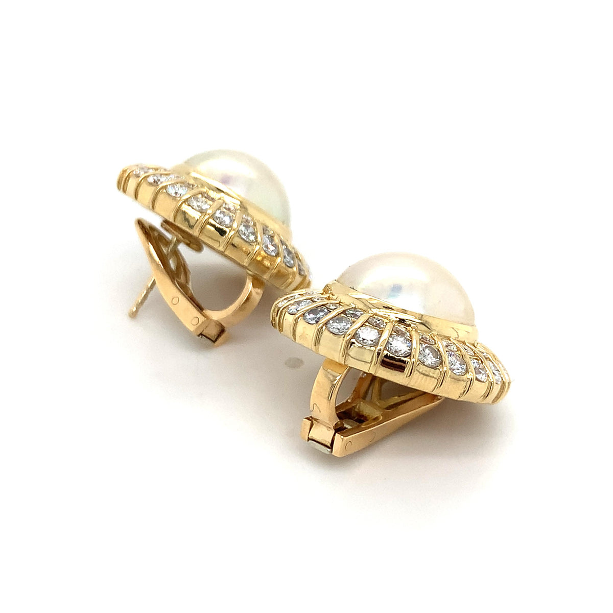 18K Gold Mabe Cabochon Pearl &3.96ct Round Brilliant Double Diamond Halo Earring