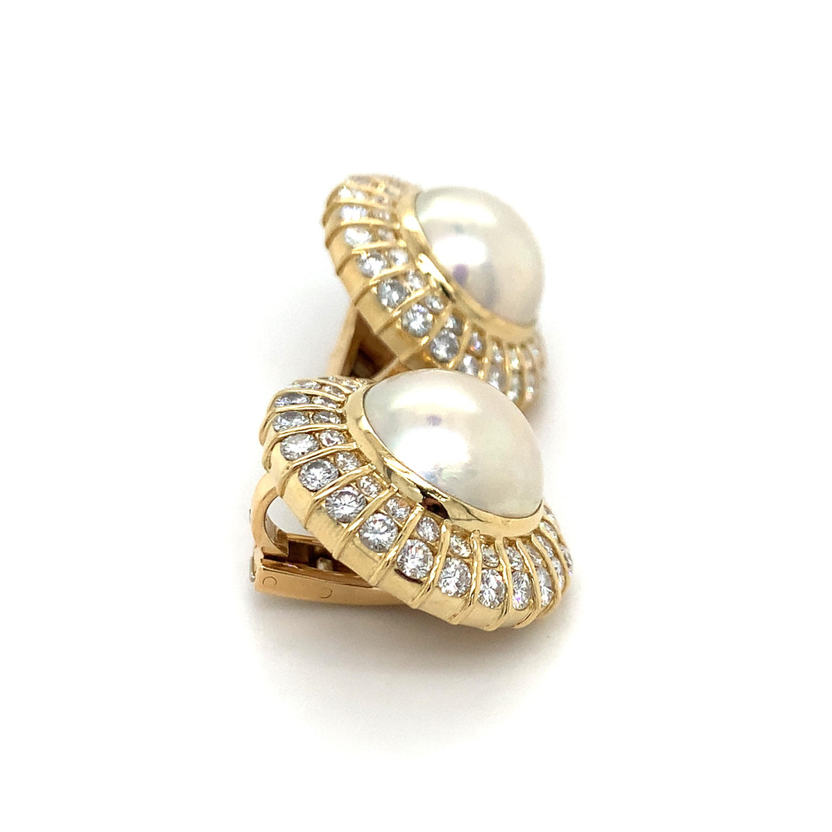 18K Gold Mabe Cabochon Pearl &3.96ct Round Brilliant Double Diamond Halo Earring