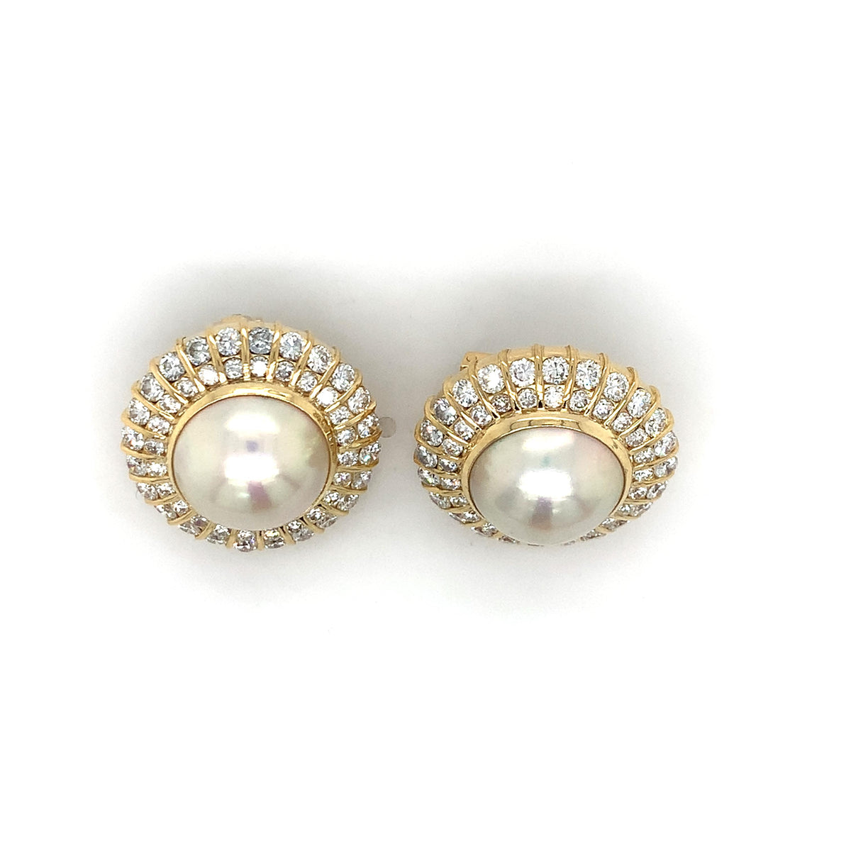 18K Gold Mabe Cabochon Pearl &3.96ct Round Brilliant Double Diamond Halo Earring