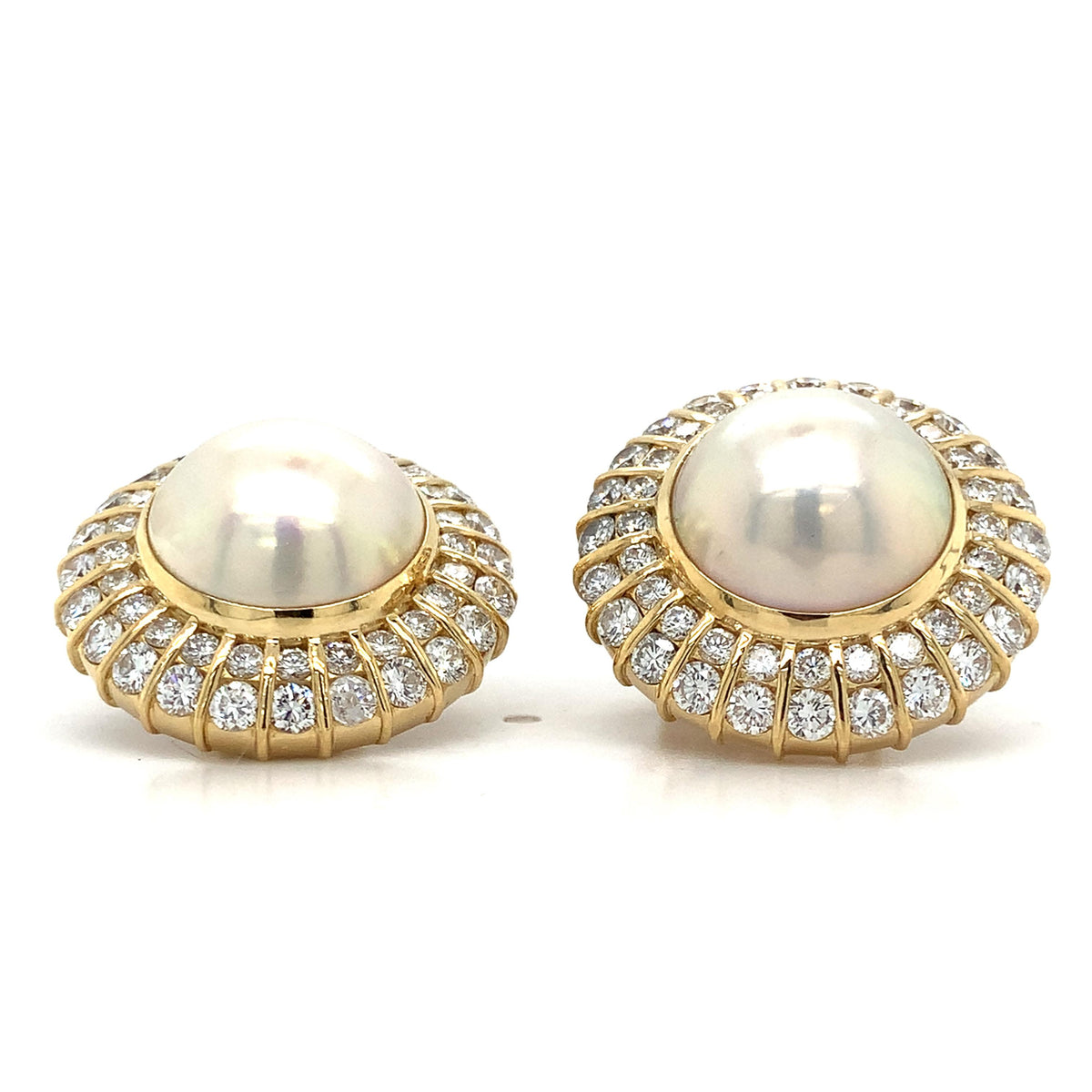 18K Gold Mabe Cabochon Pearl &3.96ct Round Brilliant Double Diamond Halo Earring