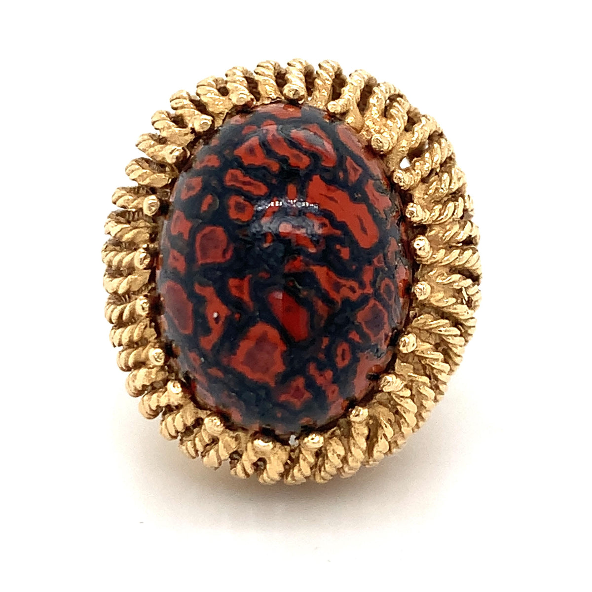 Kabra Vintage 14K Gold Red & Black Poppy Jasper Cabochon Twisted Rope Dome Ring