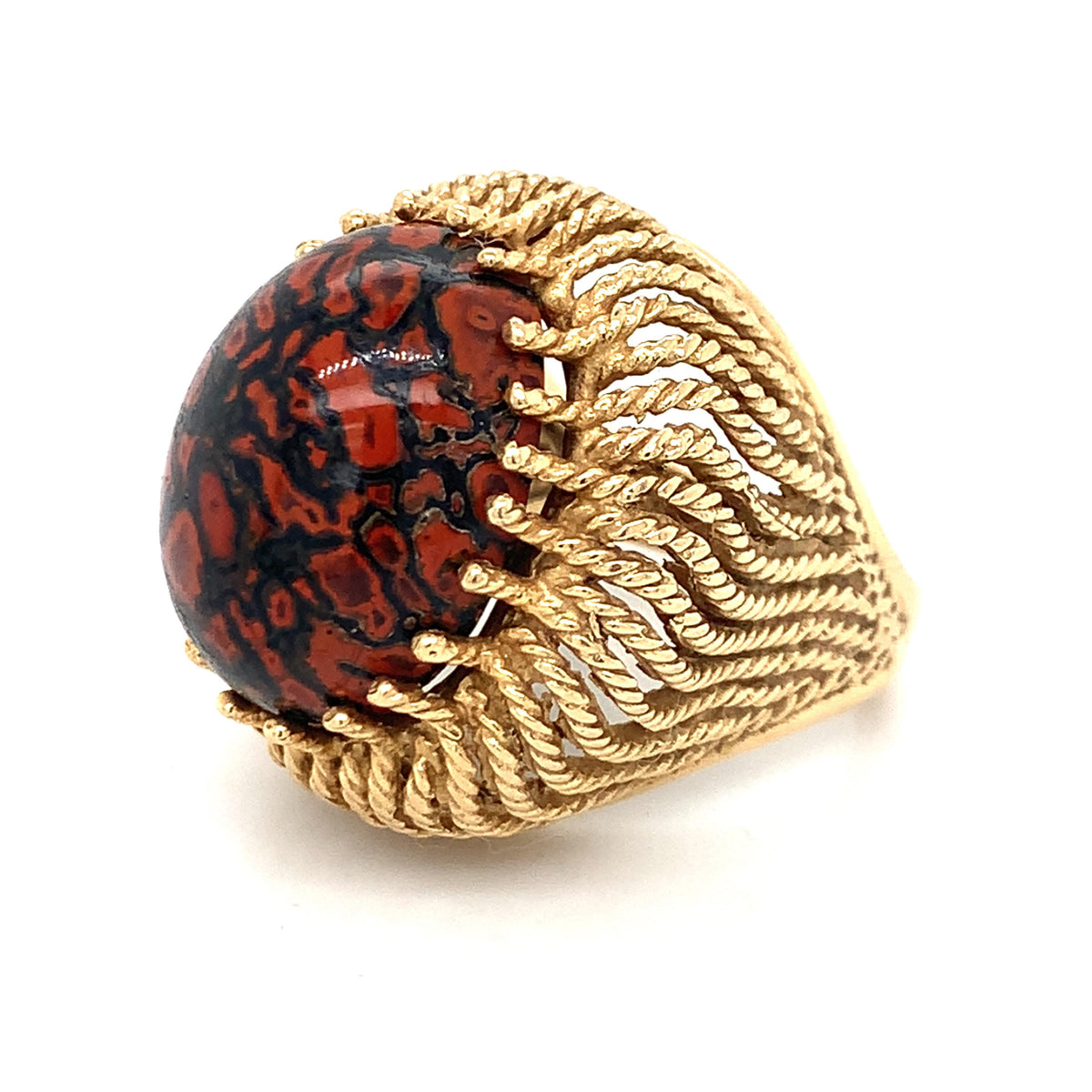 Kabra Vintage 14K Gold Red & Black Poppy Jasper Cabochon Twisted Rope Dome Ring