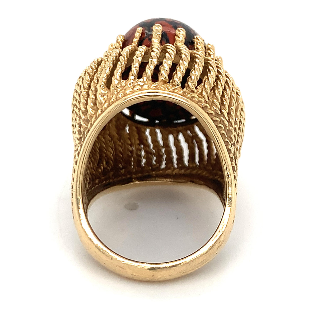 Kabra Vintage 14K Gold Red & Black Poppy Jasper Cabochon Twisted Rope Dome Ring