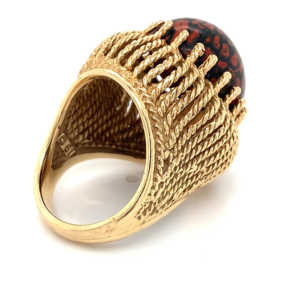 Kabra Vintage 14K Gold Red & Black Poppy Jasper Cabochon Twisted Rope Dome Ring