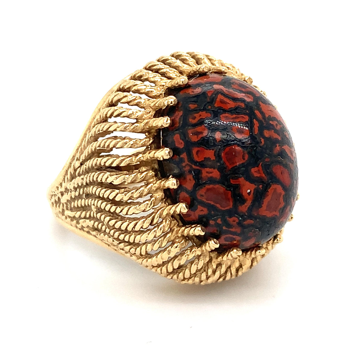 Kabra Vintage 14K Gold Red & Black Poppy Jasper Cabochon Twisted Rope Dome Ring